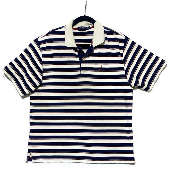 Nautica Polo Shirt Men's Size Large Short Sleeve Blue & White Stripes - Picture 1 of 7